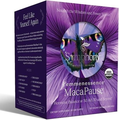 Femmenessence MacaPause – Clinically Proven for Post Menopause, Natural Hormone Balance Supplements for Women, Bone and Heart Health, Symptom Relief, Organic Maca Root Capsules (120)
