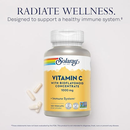 SOLARAY Vitamin C with Bioflavonoid Concentrate - Rose HIPS, Acerola Cherry and Bioflavonoids - Vitamin C 1000mg - Immune Function, Skin, Hair, Nails Support - Vegan - 100 Servings, 100 VegCaps