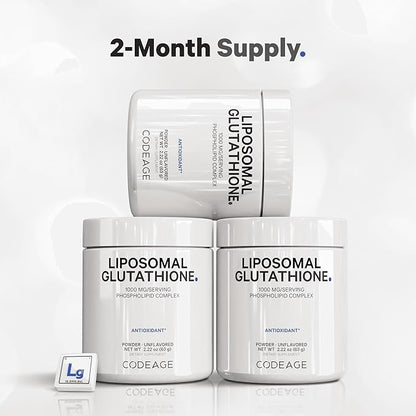 Codeage Liposomal Glutathione Powder - 1,000 mg L-Glutathione per Serving, Liposomal Delivery - 2-Month Supply - Vegan Reduced L-Glutathione - Unflavored - Phospholipid - Non-GMO Gluten-Free - 2.22 Oz