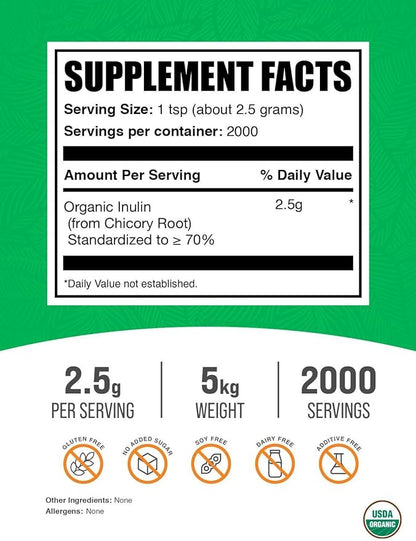 BulkSupplements.com Organic Inulin Powder - Inulin Supplement, Soluble Fiber Powder - Vegan & Gluten Free, Inulin Fiber - 2.5g per Serving, 5kg (11 lbs) (Pack of 5)