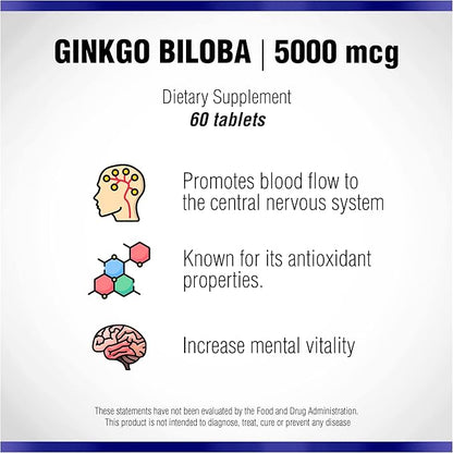 Ginkgo Biloba 60 mg by Natural Systems 60 Tablets - Gingko Biloba Powder Brain Supplement - Ginkgo Biloba Concentration Supplements - Memory Vitamins for Men and Women - Boost Energy Supplements