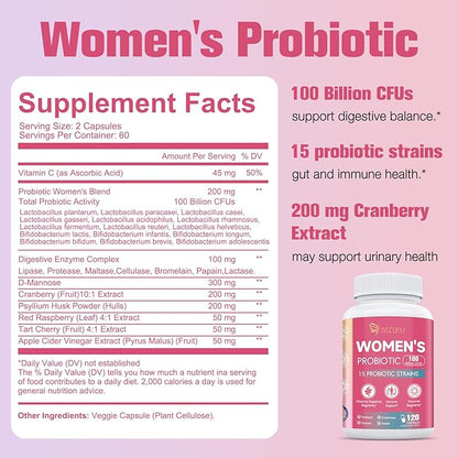 Probiotics for Women, 100 Billion CFU Womens Probiotic with Prebiotics, Digestive Enzymes, D-Mannose & Cranberry Extract for Immune Support, Vaginal & Urinary Health, Digestive Balance - 120 Capsules