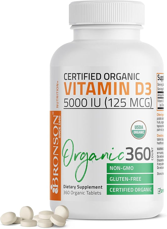 Bronson Vitamin D3 5,000 IU (125 mcg) Certified Organic High Potency Non-GMO Vitamin D Supplement, 360 Tablets