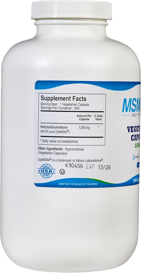 Kala Health MSMPure Vegetarian Capsules, 500 Count, Made with Organic Sulfur Crystals, 99.99% Pure Distilled MSM Supplement, 1,000 mg per Capsule, Made in USA