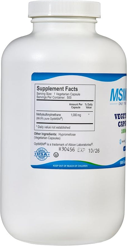 Kala Health MSMPure Vegetarian Capsules, 500 Count, Made with Organic Sulfur Crystals, 99.99% Pure Distilled MSM Supplement, 1,000 mg per Capsule, Made in USA