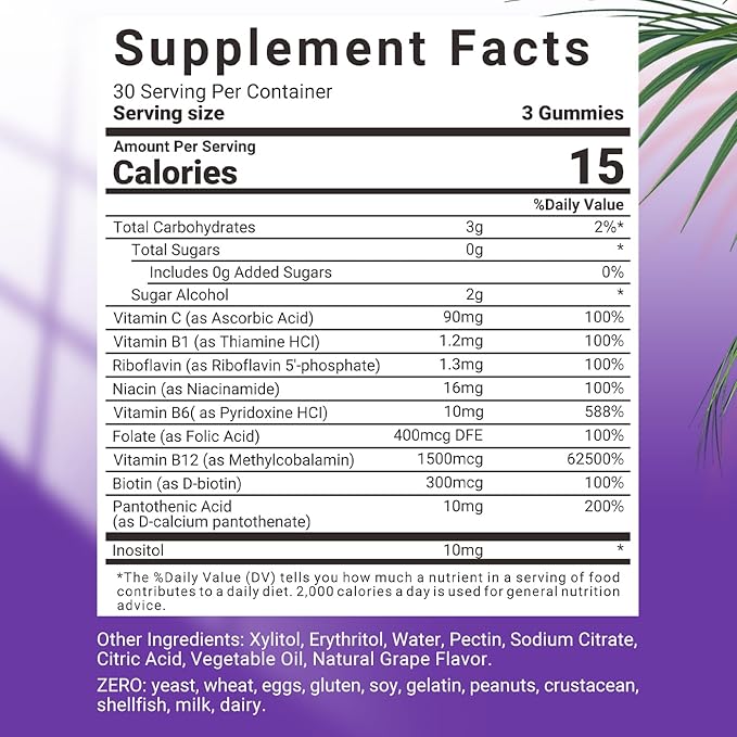 Vitamin B Complex with Vitamin C & Inositol Gummies, B Complex Vitamins for Women, Men & Adults, B Complex Gummy Vitamin B Supplement for Energy Immune Support