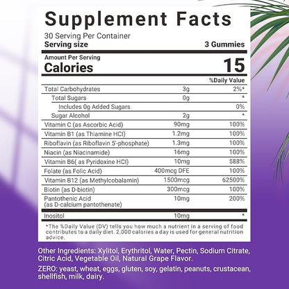 Vitamin B Complex with Vitamin C & Inositol Gummies, B Complex Vitamins for Women, Men & Adults, B Complex Gummy Vitamin B Supplement for Energy Immune Support