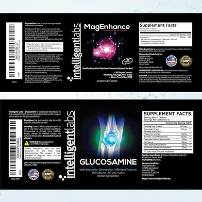 Intelligent Labs 2-in-1 Bundle of MagEnhance Triple Magnesium Complex (Magnesium Threonate Supplement with Mg Taurate and Mg Glycinate) + Glucosamine and Chondroitin Joint Care Complex with MSM