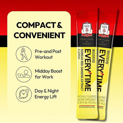 Everytime Korean Red Ginseng Extract 1,050mg & Lemon - Vegan Energy Drink Liquid Stick Supplements - Builds Stamina & Immunity, Non-GMO (10 Sticks, 0.34 fl oz)