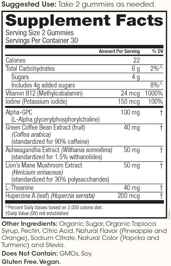 Winged Rise Up Gummies | Energy & Brain Boost Supplement | Natural Caffeine, Ashwagandha & B12 for Energy | Nootropics Alpha-GPC, Lion’s Mane & Huperzine A for Focus | Pineapple Flavor (90 Servings)