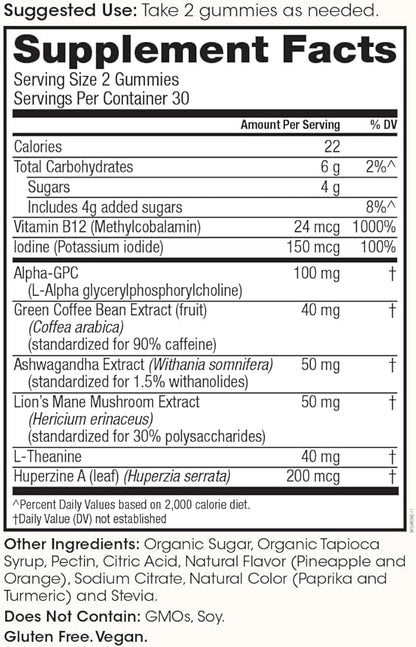 Winged Rise Up Gummies | Energy & Brain Boost Supplement | Natural Caffeine, Ashwagandha & B12 for Energy | Nootropics Alpha-GPC, Lion’s Mane & Huperzine A for Focus | Pineapple Flavor (90 Servings)