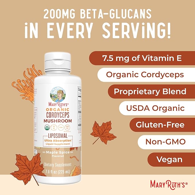 MaryRuth Organics Cordyceps Mushroom Supplement | Ultra Absorption Liposomal | Full Spectrum Mushroom | 200mg Beta-Glucans Per Serving | USDA Organic | Vegan | 7.6 oz | 15 Servings