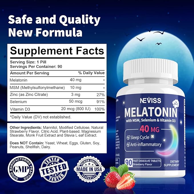 Melatonin 40 mg for Adults - Fast Dissolve & Chewable Sublingual Sleep Supplement - Extra Strength Melatonin with Vitamin D3 & MSM, Selenium for Health Rest Cycle, Deep Zzzs, Sugar-Free, 180 Servings