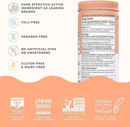 Wonderbelly Antacid, Effective Heartburn and Instant Acid Indigestion Relief, Extra Strength Chewable Tablets, 1000 mg Calcium Carbonate, No Talc or Dye, Tropical Fruit, 60 Count
