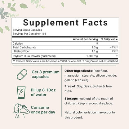Psyllium Husk Caps 1,500mg, 500 Capsules | Soluble Fiber Supplement | India Origin | Natural Prebiotics & Probiotics | Gut & Digestive Health Support | Non-GMO, Gluten Free