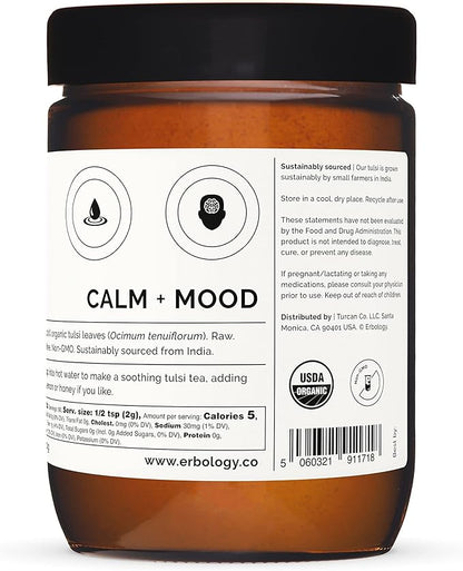 Erbology 100% Organic Tulsi Powder 6.4 oz - Holy Basil - Calm and Mood - Straight from Farm - Raw, Vegan and Gluten-Free - Non-GMO - No Additives or Preservatives - Recyclable Glass Jar
