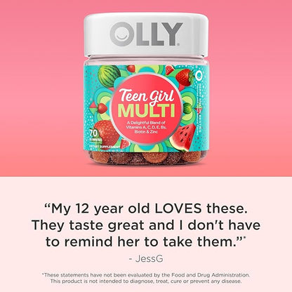 OLLY Teen Girl Multi Gummy, Healthy Skin and Immune Support, 15 Essential Vitamins, Biotin, Zinc, Calcium, Chewable Multivitamin, Berry Melon, 35 Day Supply, 70 Count (Pack of 2)