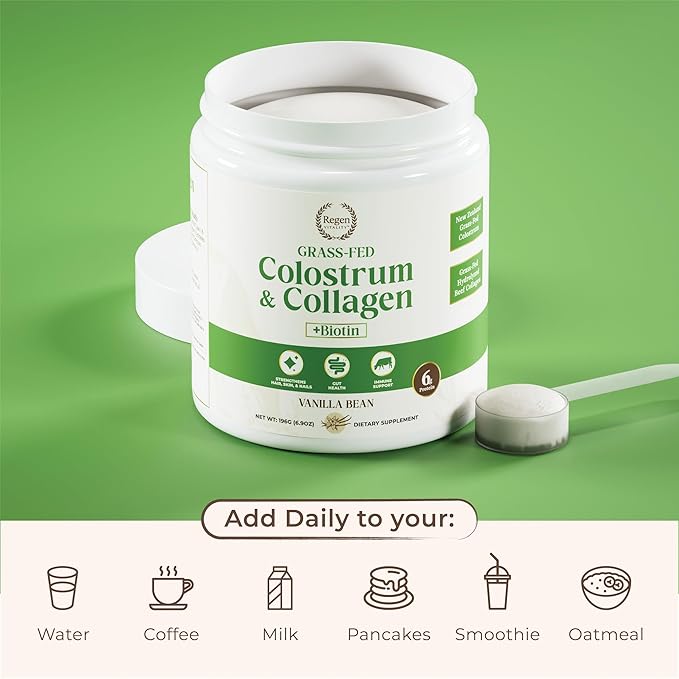 Grass-Fed Colostrum & Collagen Powder | Gut Health, Hair, Skin & Joint Support | New Zealand Bovine Colostrum, Hydrolyzed Collagen Peptides, 300mcg Biotin | Vanilla Bean | 28 Servings