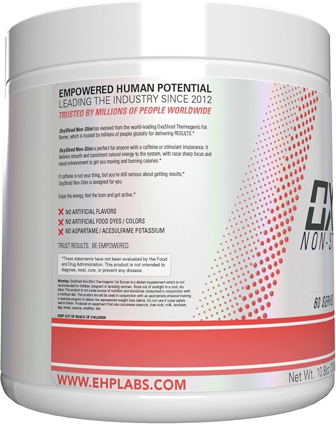 EHP Labs OxyShred Non Stimulant Pre Workout Powder - Stim Free, Caffeine Free Preworkout for Men & Women - Non Stim Preworkout - Sugar Free Energy Powder - Strawberry, 60 Servings