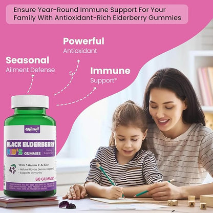 Kids Elderberry Gummies 50mg - Daily Immune Support with Vitamin C & Zinc, Natural Berry Flavor, Antioxidant, Gluten Free, 60 Gummies (2-Month Supply)