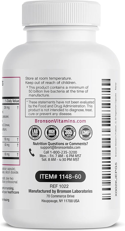 Bronson Women's Probiotic 50 Billion CFU + Prebiotic with Cranberry & D-Mannose – Vaginal Health, Healthy Digestion, Immune Function and Urinary Tract Support, Non-GMO, 60 Vegetarian Capsules