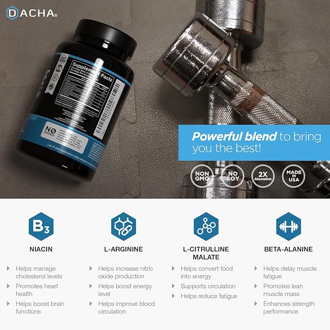 DACHA Premium L Arginine Pills 1920 MG - 120 VCAPS AAKG Nitric Oxide Precursor, L-Citrulline HCL, Beta Alanine, Essential Amino Acids for Energy, Muscle Growth, Heart Health, Vascularity & Stamina