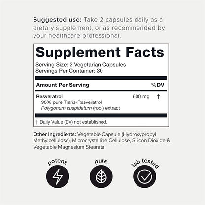 Toniiq Ultra High Purity Resveratrol Capsules - 98% Trans-Resveratrol - Highly Purified and Bioavailable - 60 Caps Reservatrol Supplement