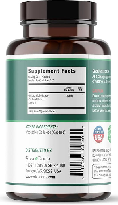 Viva Doria Ginkgo Biloba 720mg, Supports Brain Function & Memory Support, 120 Vegetable Capsules