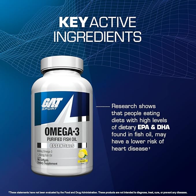 GAT SPORT Omega-3 Fish Oil, High Potency EPA, DHA, Brain, GLP1 Support, 90 Softgels