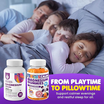 DR. MORITZ Kids Magnesium Citrate Gummies Orange Flavor (120 Count) and 200 mg Calm Magnesium Gummies for Adults in Raspberry Flavor (30 Count) - No Added Sugar & Non-GMO