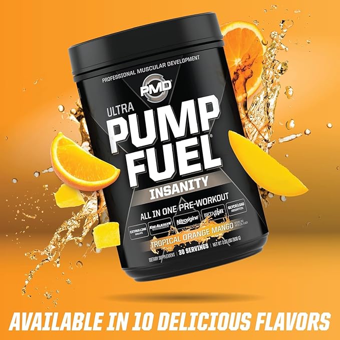 PMD Sports Ultra Pump Fuel Insanity - Pre Workout Drink Mix for Energy, Strength, Endurance, Recovery - Complex Carbohydrates and Amino Energy - Tropical Orange Mango (30 Servings)