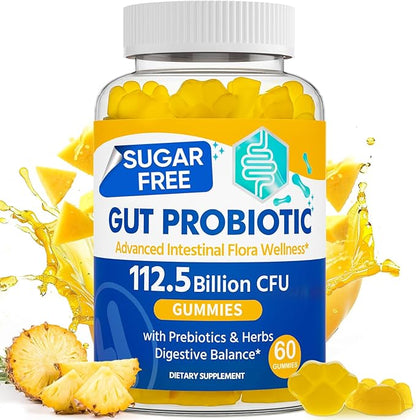 Probiotic Gummies, Sugar Free, 112.5 Billion CFU, 8 Strains Probiotics + 2 Prebiotics & 2 Organic Herbs, for Digestion, Intestinal Flora Balance, IBS & UC, ADD, Probiotics for Women & Men, 60 Counts