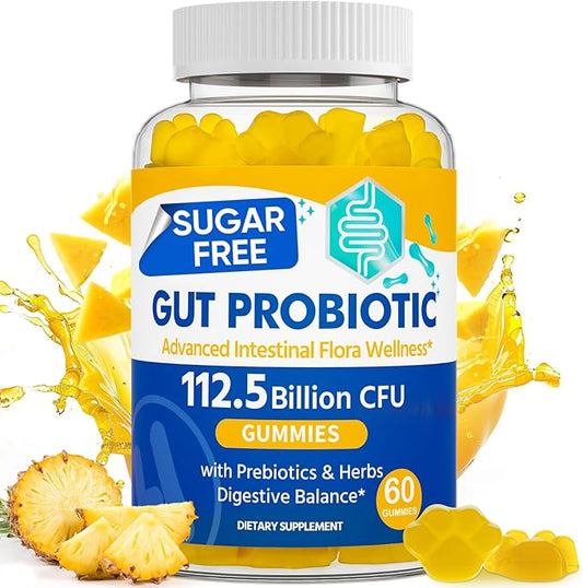 Probiotic Gummies, Sugar Free, 112.5 Billion CFU, 8 Strains Probiotics + 2 Prebiotics & 2 Organic Herbs, for Digestion, Intestinal Flora Balance, IBS & UC, ADD, Probiotics for Women & Men, 60 Counts