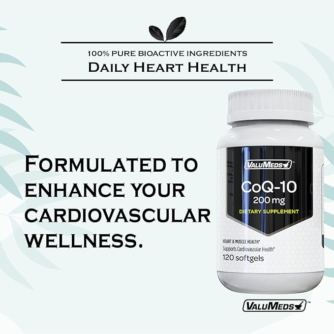 ValuMeds CoQ-10 Non-GMO Coenzyme Q10 Supplement, 120 Softgels | for Heart Health and Energy Support | Gluten Free for High Blood Pressure (120 Count (Pack of 1), 200 mg)