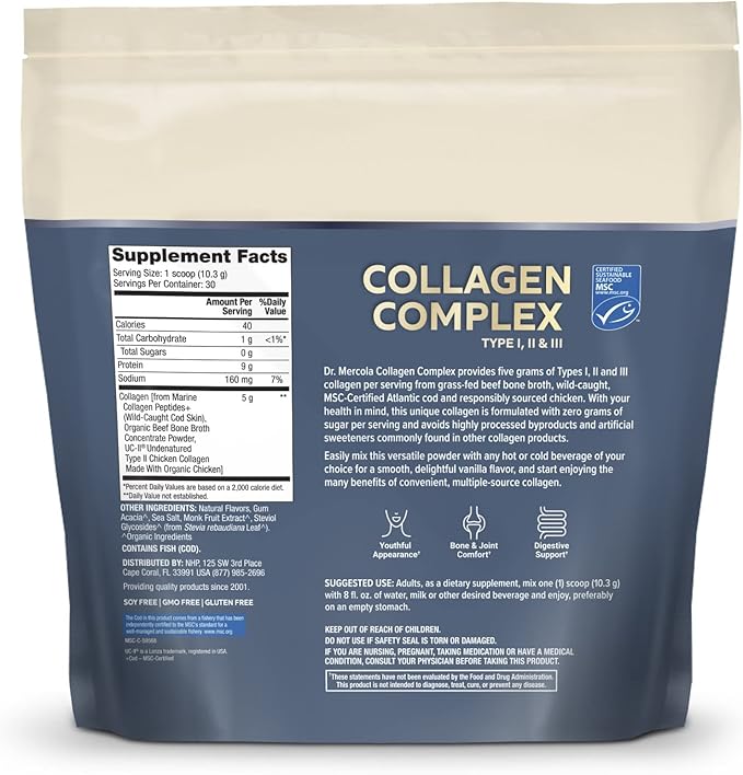 Dr. Mercola Collagen Complex Powder, Vanilla Flavor, 30 Servings, Powdered Dietary Supplement, Supports Youthful-Looking Skin, Non-GMO, MSC Certified