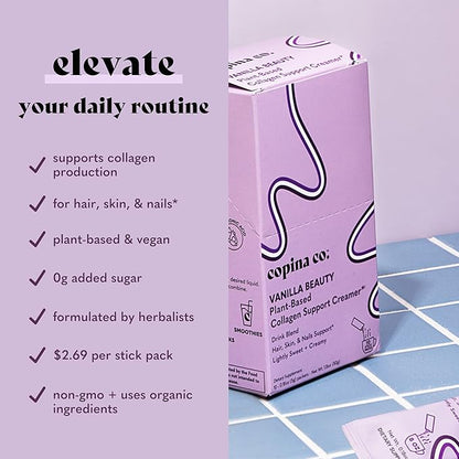 Vanilla Beauty Vegan Collagen Booster Creamer: Plant Based Collagen Support Smoothie Drink Vegan Blend Variety Pack | Vanilla Flavor || 3 Cartons, 10 Individual Servings per Carton