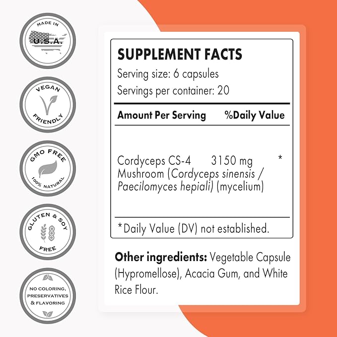 Supersmart - Cordyceps Cs-4 3150mg per Day (High Strength) - Cordyceps Mushroom Supplement - Endurance & Energy | Non-GMO & Gluten Free - 120 Vegetarian Capsules