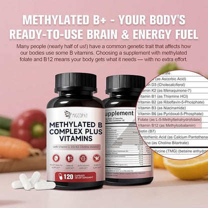 Methylated Multivitamin B-Complex with Vitamin C, D3, K2, Choline & Inositol – Active B12, B6 & Folate (L-5-MTHF) – Supports Energy, Nerve & Heart Health – CoQ10 & Alpha Lipoic Acid – 120 Capsules