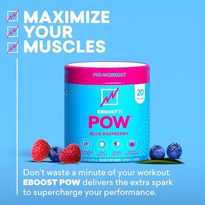 EBOOST POW Natural Pre Workout Powder – 20 Servings - Blue Raspberry - A PreWorkout Supplement for Performance, Joint Mobility Support, Energy - Men and Women - Non-GMO, Gluten-Free, No Creatine