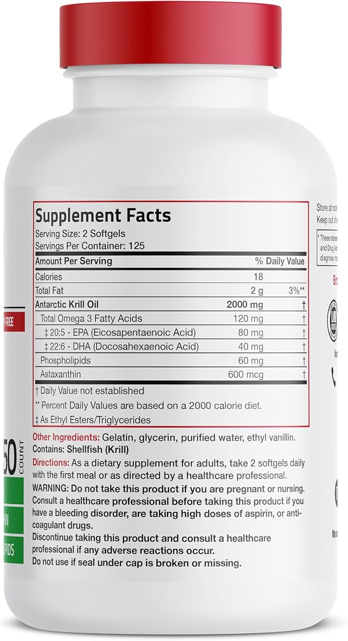 Bronson Antarctic Krill Oil 2000 mg with Omega-3s EPA, DHA, Astaxanthin and Phospholipids, 250 Softgels (125 Servings)