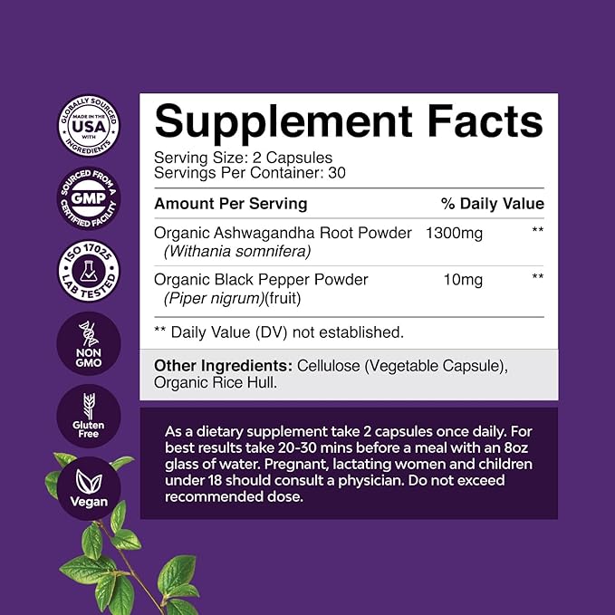 Best Ashwagandha Root Powder Capsules 1300 mg – Premium Relaxation Sleep Natural Supplement – Calming Energy Rejuvenate 100% Pure Potent Ingredients for Women and Men 30 Servings per Container