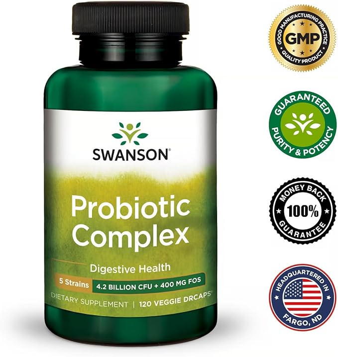 Swanson Probiotic Complex 4.2 Billion CFU 5-Strain Digestive Health Fat Metabolism Satiety Prebiotic FOS Complex Supplement 120 Veggie DRcaps (2 Pack)