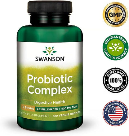 Swanson Probiotic Complex 4.2 Billion CFU 5-Strain Digestive Health Fat Metabolism Satiety Prebiotic FOS Complex Supplement 120 Veggie DRcaps (2 Pack)
