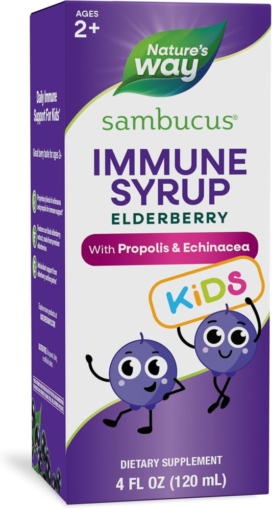 Nature's Way Sambucus Elderberry Immune Syrup for Kids Ages 2+, with Echinacea & Propolis, Daily Immune Support*, Vegetarian, Berry Flavored, 4 Fl Oz (Packaging May Vary)
