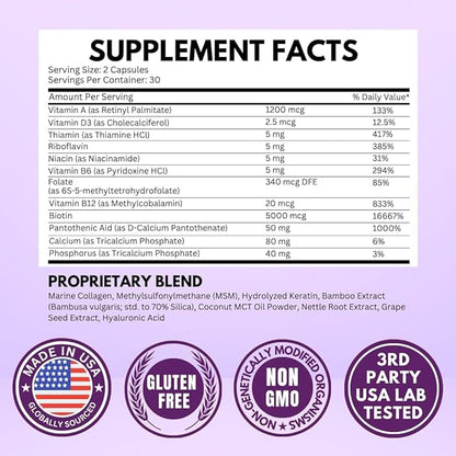 Biotin with Hyaluronic Acid, Collagen and Keratin – 25000 mcg Hair Growth Vitamins for Men and Women – Nails and Skin, USA Made - Third Party Tested, B1, B2, B3, B6, B7 Complex - 120 Capsules
