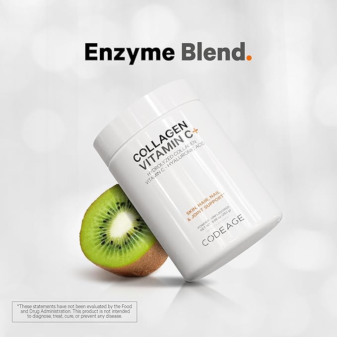 Codeage Collagen Peptides Powder + Vitamin C - 20g Grass-Fed Collagen Per Serving - Digestive Enzymes, Hyaluronic Acid, 18 Amino Acids - Hydrolyzed Collagen Protein - Non-GMO, Unflavored - 9.98 oz