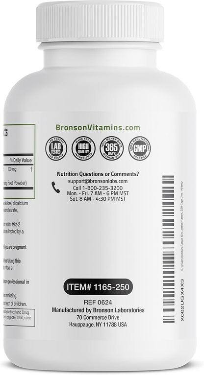 Bronson Korean Panax Ginseng Supports Energy, Endurance & Vitality + Memory and Mental Performance, 250 Capsules
