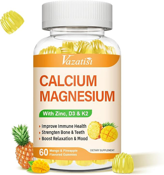 Calcium Magnesium Zinc Gummies with Vitamin D3 and K2, High Absorption Magnesium Glycinate Potassium for Immune and Calm Mood, Vegan Mango and Pineapple Flavor 60 Gummies