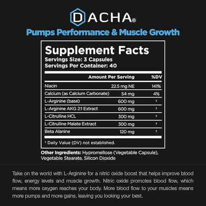 DACHA Premium L Arginine Pills 1920 MG - 120 VCAPS AAKG Nitric Oxide Precursor, L-Citrulline HCL, Beta Alanine, Essential Amino Acids for Energy, Muscle Growth, Heart Health, Vascularity & Stamina