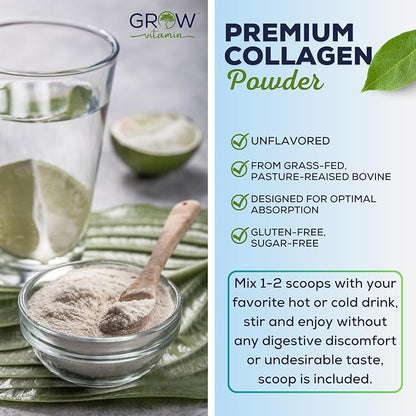 grow vitamin Collagen Peptides Powder, Grass Fed Bovine Collagen Powder Type I & III, Promotes Hair, Nail, Skin Health and Beauty, Supports Bone and Joint Health, Unflavored, 20 OZ, 56 Servings